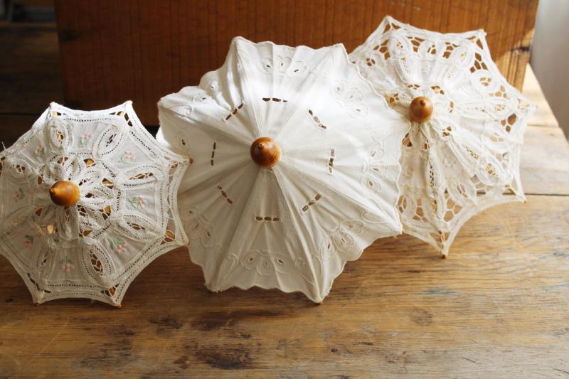80s vintage cotton lace parasols, doll size working umbrellas, wedding shower decor