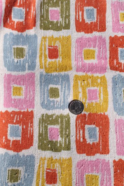 80s vintage fabric, linen weave retro pastel pink blue yellow mod cubist squares print