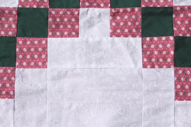 80s vintage patchwork quilt top, country primitive colors pine green & rose pink on white