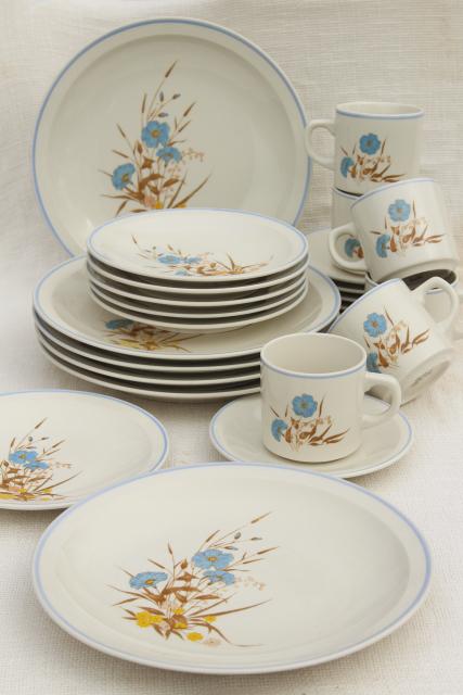 80s vintage stoneware pottery dinnerware, Ming Pao china w/ blue & yellow flowers