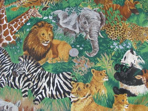 80s wildlife print cotton fabric, African safari animals, American wolves & bears