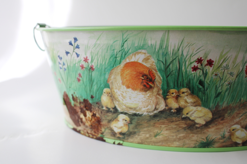 90s vintage Schylling tin tub Easter basket w/ hen  chickens, springtime planter pot