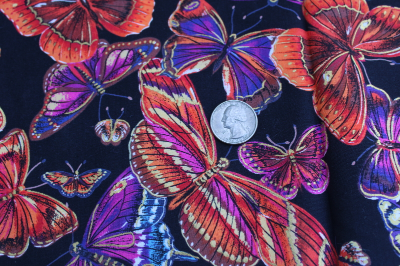 90s vintage cotton fabric, butterfly motifs butterflies in jewel colors w/ metallic gold