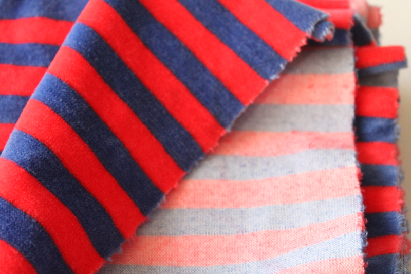 90s vintage cotton velour knit fabric, royal blue  red stripes nautical style