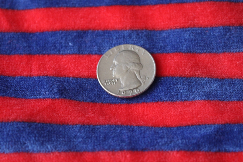 90s vintage cotton velour knit fabric, royal blue  red stripes nautical style