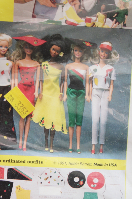 90s vintage cut  sew Barbie wardrobe, retro fashion doll clothes to make printed cotton fabric sealed kit