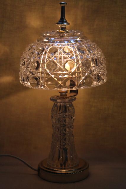 90s vintage heavy crystal clear glass table lamp, vase base w/ bowl shaped lamp shade