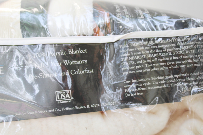 90s vintage soft fluffy creamy white acrylic thermal weave blanket, in package Sears label