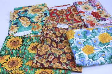 90s vintage sunflower print cotton fabric lot, retro country style florals large flowers prints