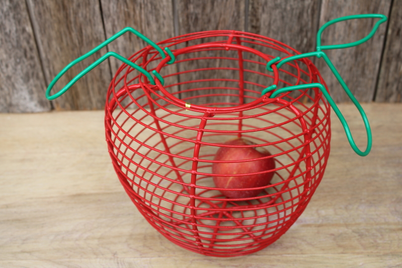 90s vintage wire basket for apples, red  green apple basket farmhouse kitchen decor