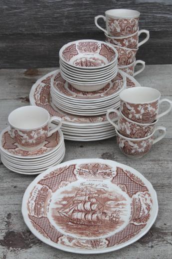 Alfred Meakin Fair Winds vintage brown transferware china set for 8, tall ships sailing