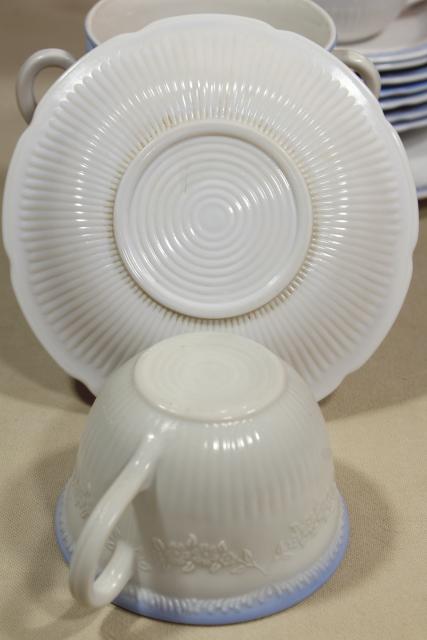 Alice blue / ivory Anchor Hocking Fire King cups & saucers dinner plate, 1940s vintage