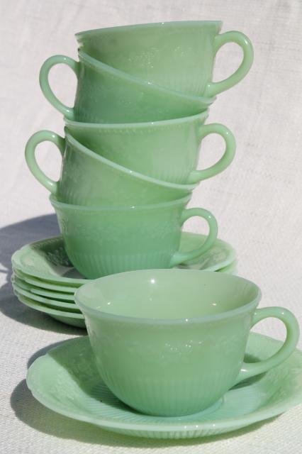 Alice jadeite glass cups & saucers, vintage Fire King jadite green glassware