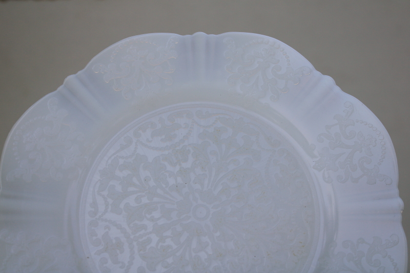 American Sweetheart salad plates w/ center design, Macbeth Evans Monax white opalescent depression glass