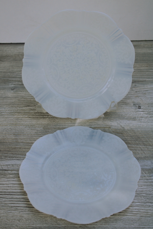 American Sweetheart salad plates w/ center design, Macbeth Evans Monax white opalescent depression glass