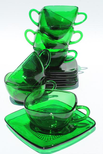 Anchor Hocking Charm cup and saucers, forest green glass, retro 1950s glassware