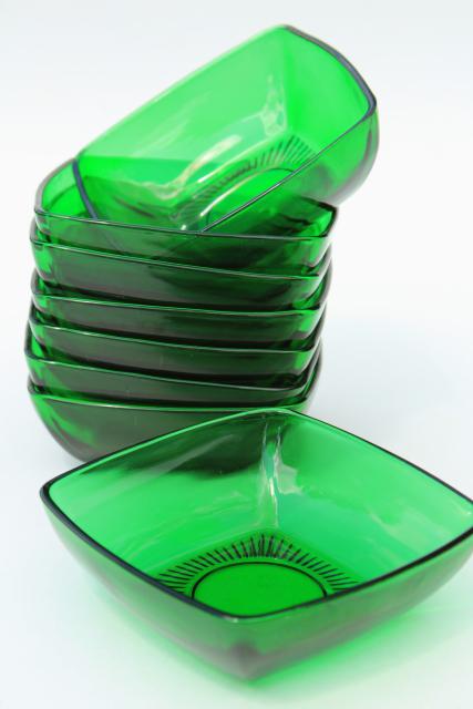 Anchor Hocking Charm square bowls, forest green glass fruit/ ice cream dishes