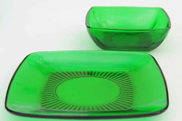 Anchor Hocking Charm square plates & bowls, forest green glass, retro 1950s glassware