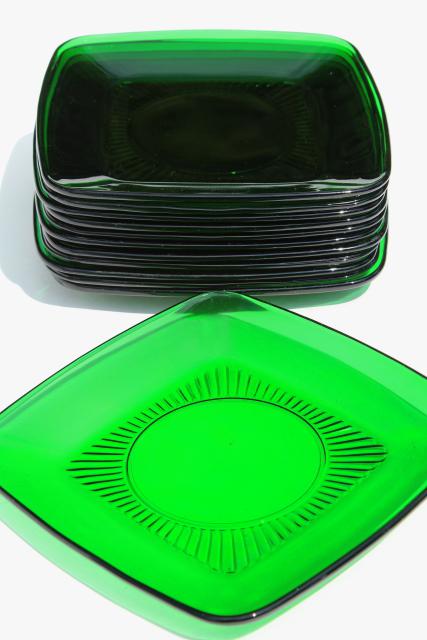 Anchor Hocking Charm square plates, forest green glass, retro 1950s glassware