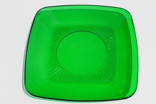 Anchor Hocking Charm square plates, forest green glass, retro 1950s glassware