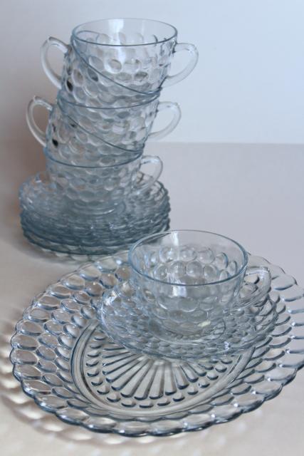 Anchor Hocking bubble pattern sapphire blue depression glass, vintage cups & saucers and tray
