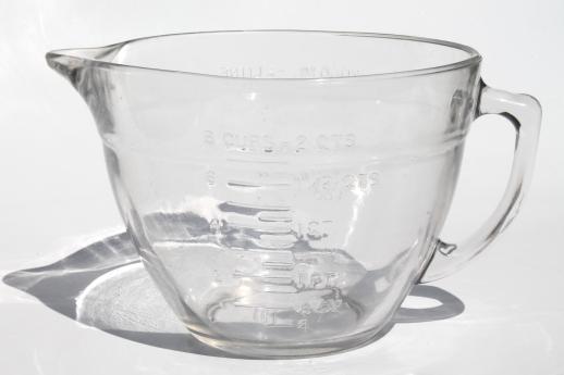 Anchor Hocking microwave safe clear glass measuring pitcher, spouted batter bowl