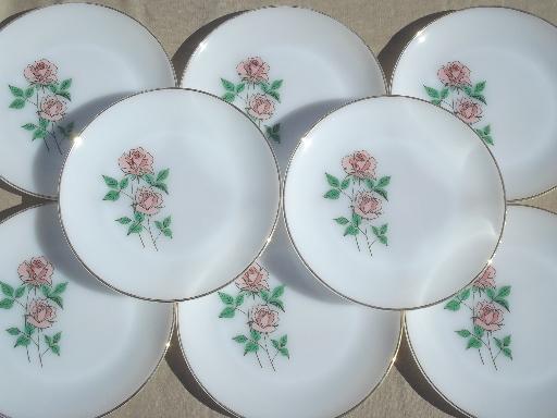 Anniversary Rose pattern 60s vintage Fire King glass dinner plates set