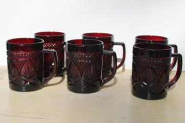 Antique pattern ruby red glass mugs, vintage Cristal dArcques Luminarc France glassware