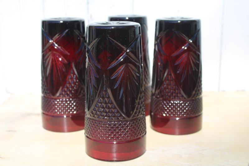 Antique pattern ruby red glass tumblers, vintage Luminarc France drinking glasses 