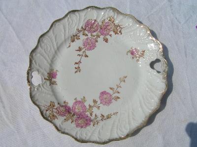 Antique vintage china plate, pink cabbage roses, gold