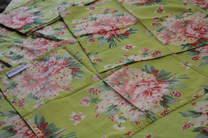 April Cornell printed cotton tablecloth  napkins, vintage style floral lime green pink