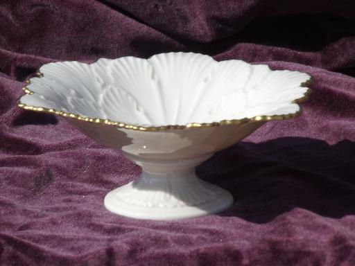 Arbor embossed leaf Lenox china compote candy dish, ivory w/ gold