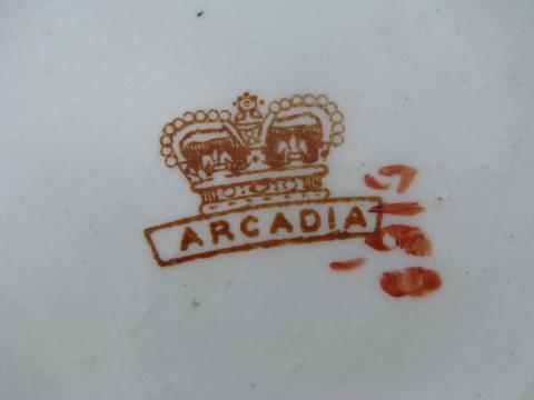 Arcadia polychrome transferware china, antique toothbrush jar vase