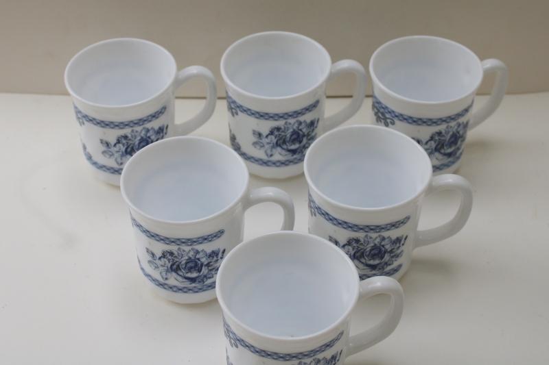 Arcopal Honorine pattern mugs or coffee cups, French blue & white toile Arcoroc glassware