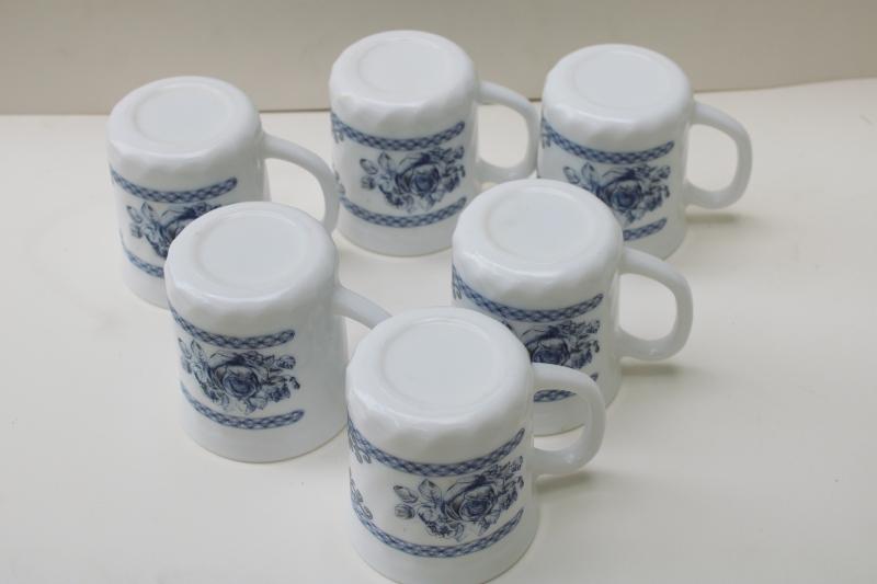 Arcopal Honorine pattern mugs or coffee cups, French blue & white toile Arcoroc glassware