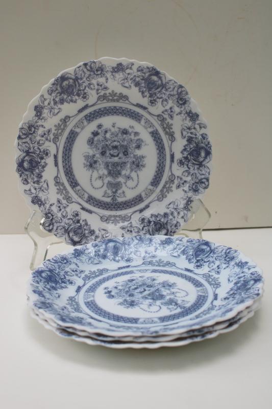 Arcopal Honorine pattern salad plates, French blue & white toile Arcoroc glassware