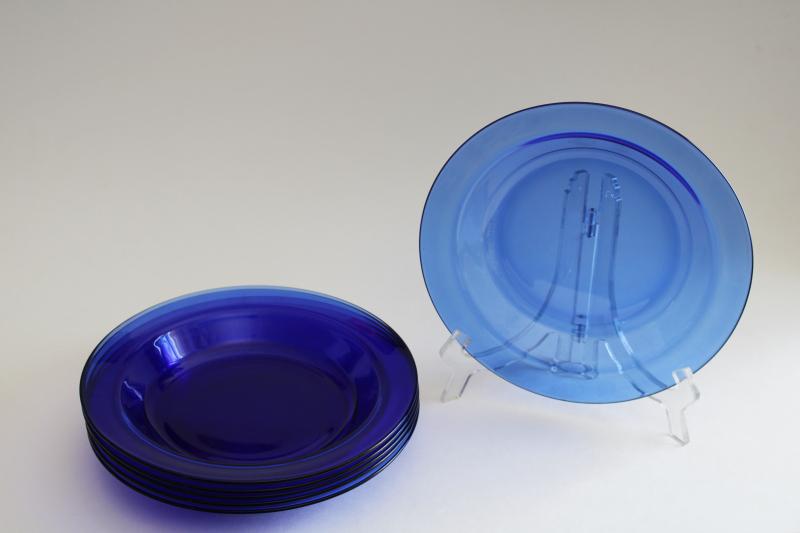 Arcoroc France cobalt blue glass soup bowls rimmed plates French kitchen glass