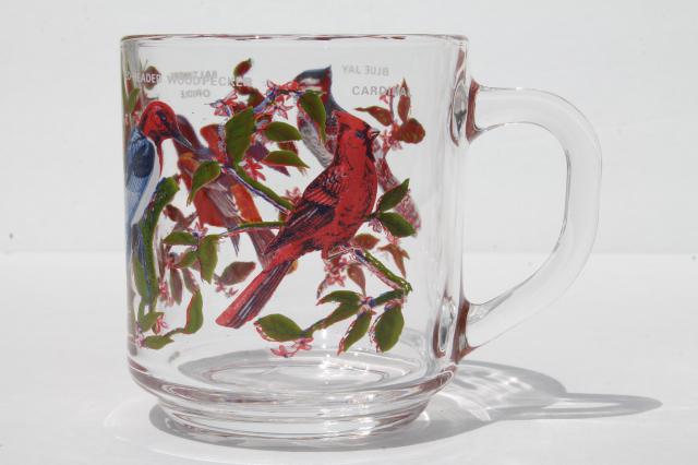 Arcoroc glass coffee cups, pair of vintage song bird print mugs