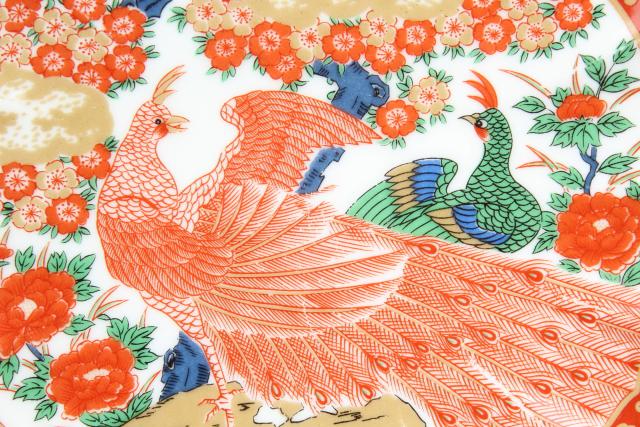 Arita Imari porcelain peacock red & green fluted plates set, vintage Japan