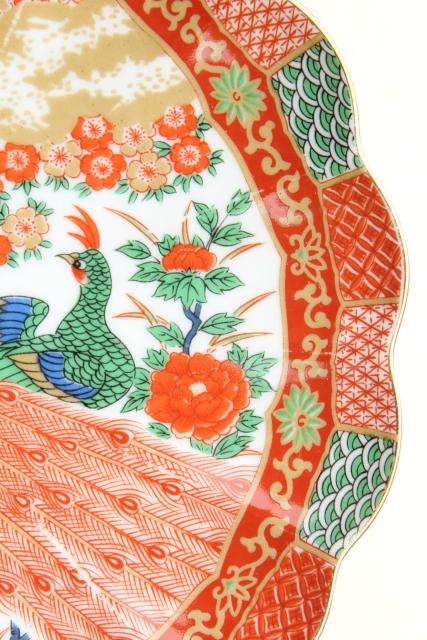 Arita Imari porcelain peacock red & green fluted plates set, vintage Japan