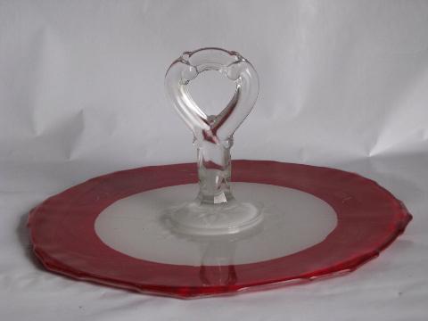 Art Deco vintage cake or sandwich plate w/ handle, red & white octagon elegant glass