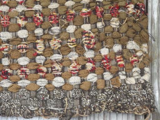 Arts & Crafts era hand woven wool rag rug table mat, vintage 20s - 30s