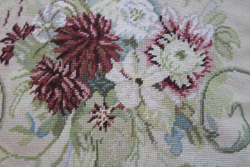 Aubusson style wool needlepoint pillow w/ tassel fringe, French country floral cushion, feather insert
