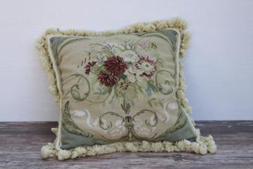Aubusson style wool needlepoint pillow w/ tassel fringe, French country floral cushion, feather insert
