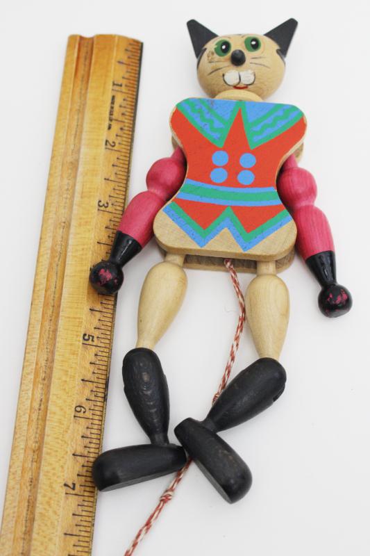 Austria wooden puppet toy, vintage jumping jack, hand painted wood Puss in Boots cat 