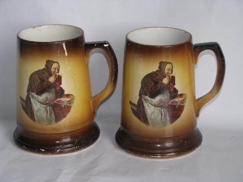 Avon Ware - England vintage pottery, ironstone tall pitcher & beer steins w/ friar