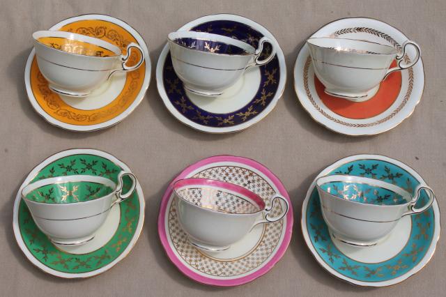 Aynsley English bone china teacups & saucers w/ colored bands, 6 vintage tea cup sets