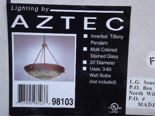 Aztec Tiffany stained glass hanging light, bronze and green chandelier