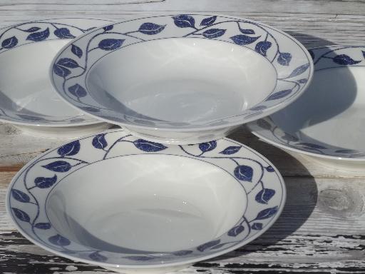Azure blue Pearl white china soup bowls, blue and white leaf border