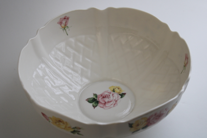 Belleek Ireland china bowl, Cottage Rose pink  yellow floral on embossed lattice pattern